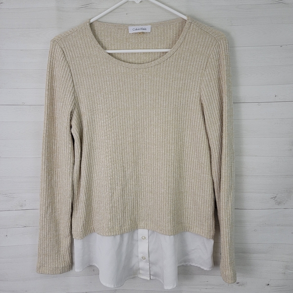 Small Calvin Klein Gold Ribbed Stretch Sweater Top - Picture 2 of 6